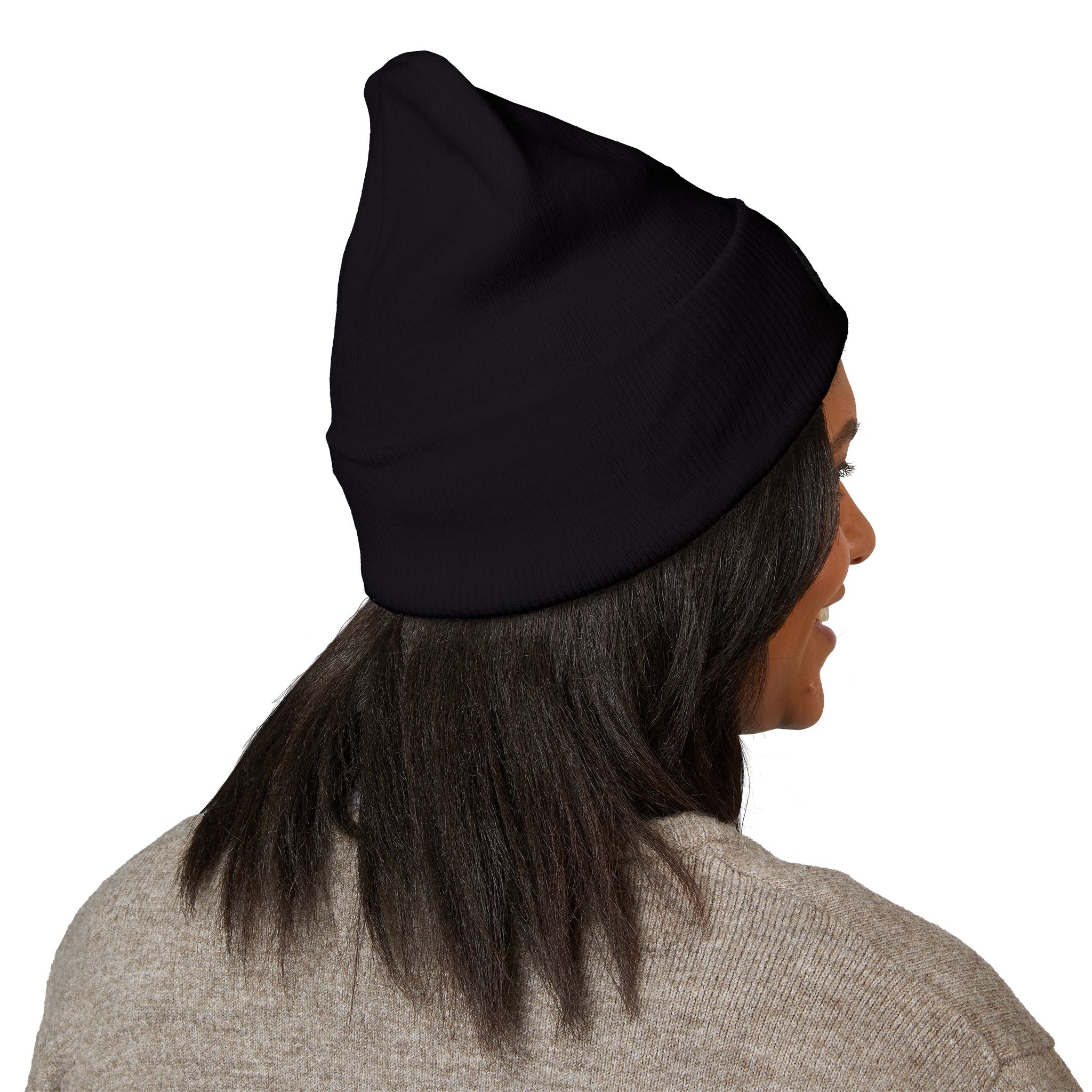Embroidered Classic Cuffed Beanie – Minimal Black Knit Winter Hat