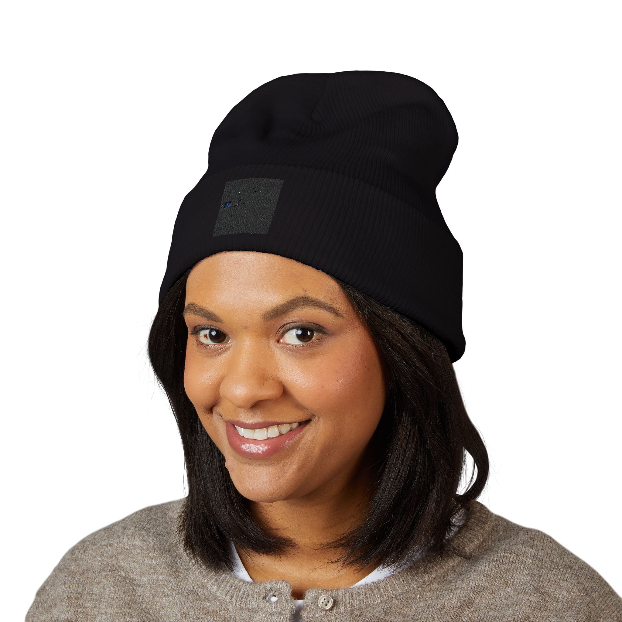 Embroidered Classic Cuffed Beanie – Minimal Black Knit Winter Hat
